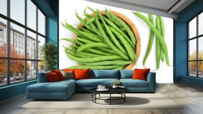 Green beans in wooden bowl isolated on a white background with clipping path, Top view. Flat lay Wall mural