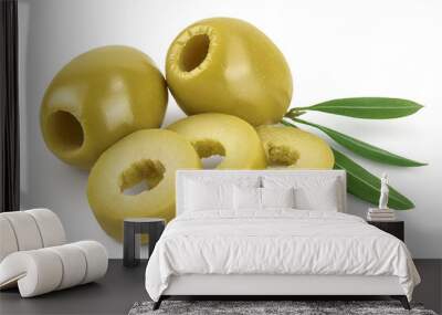 Green olives with leaves isolated on a white background with full depth of field. Wall mural