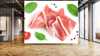 Italian prosciutto crudo or spanish jamon. Raw ham isolated on white background with full depth of field. Top view. Flat lay Wall mural