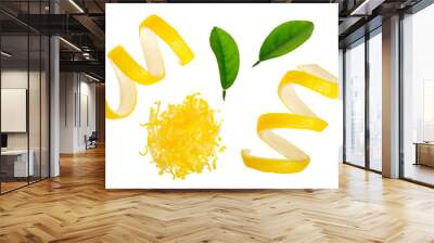 Lemon peel and zest with leaf isolated on white background. Healthy food Wall mural