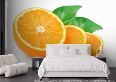 orange fruit slice with leaves isolated on white background Wall mural