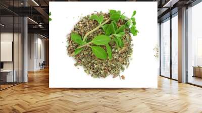 Oregano or marjoram leaves fresh and dry isolated on white background. Top view. Flat lay. Set or collection Wall mural