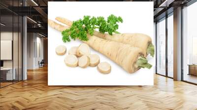 Parsley root with slices and leaves isolated on white background Wall mural