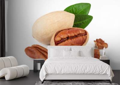 pecan nut with green leaves isolated on white background Wall mural