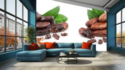 peeled cocoa bean with leaf and cocoa powder in wooden spoon isolated on white background Wall mural