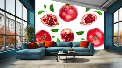 pomegranate with leaves isolated on white background. Top view. Flat lay pattern Wall mural