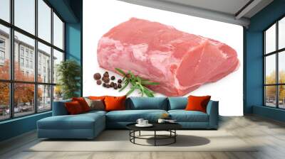 Raw pork meat with rosemary and peppercorn isolated on white background Wall mural