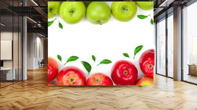 red and green apples decorated with leaves isolated on white background with copy space for your text, top view Wall mural