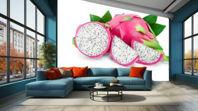 Ripe Dragon fruit, Pitaya or Pitahaya isolated on white background, fruit healthy concept. Set or collection Wall mural