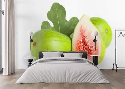 Ripe green fig fruit and half with leaf isolated on white background Wall mural