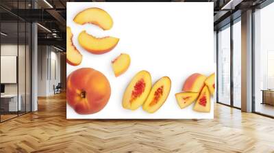 ripe peach isolated on white background with clipping path. Top view with copy space for your text. Flat lay pattern Wall mural