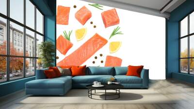 Slice of red fish salmon with lemon, rosemary isolated on white background with copy space for your text. Top view Wall mural