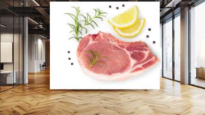 sliced raw pork meat isolated on white background. Top view. Flat lay. Set or collection Wall mural