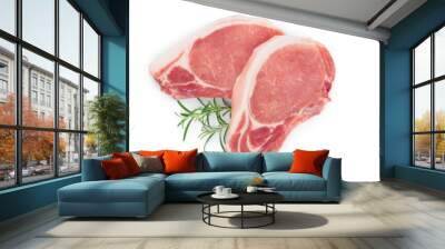 sliced raw pork meat isolated on white background. Top view. Flat lay. Set or collection Wall mural