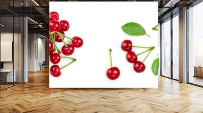 Some cherries with leaf closeup isolated on white background. Top view. Flat lay. Wall mural