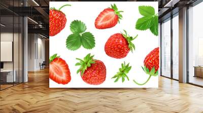 Strawberries decorated with green leaves isolated on white background. Top view. Flat lay pattern Wall mural