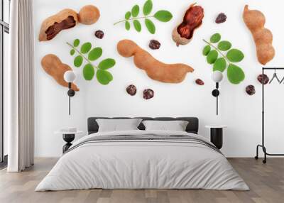 Tamarind fruit with leaf and seed isolated on white background with copy space for your text. Top view. Flat lay Wall mural