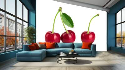 Three cherries with leaf closeup isolated on white background Wall mural