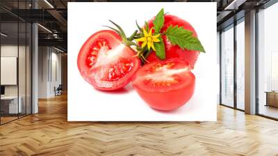 tomato with leaves flower water drops isolated on white background Wall mural