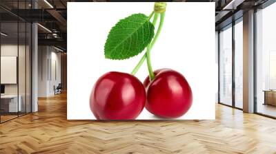 Two cherries with leaf closeup isolated on white background Wall mural