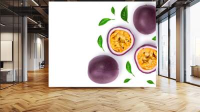 Two whole passion fruits and a half isolated on white background with copy space for your text. Isolated maracuya. Top view. Flat lay Wall mural