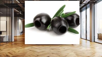 whole black olives with rosemary leaf isolated on white background macro Wall mural