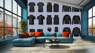 Blank black collection of men's clothing templates. T-shirt, hoodie, sweatshirt, short sleeve polo shirt, jacket bomber, head bandanas and cap, tank top, neck scarf and buff. Realistic vector mock up Wall mural