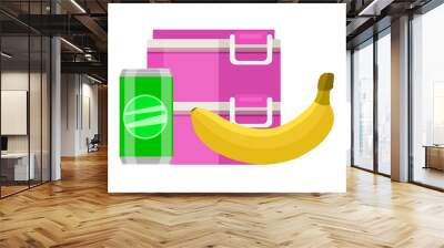 Lunchbox school snack. Pink two tier food container lunchbox yellow ripe banana green soda can healthy fresh breakfast every day. Tasty vector clipart. Wall mural