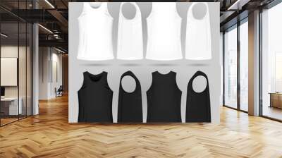 Men's white and black tank top template in three dimensions: front, side and back view. Blank of realistic male sport shirts Wall mural