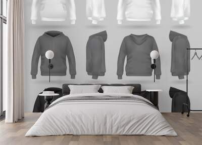 White, grey and black sweatshirt hoodie template in four dimensions: front, side and back view, realistic gradient mesh vector. Clothes for sport and urban style Wall mural