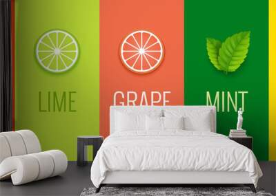 Fruit mint lime lemon or grape juice sticker flavor icon. Fruit logo label vitamin Wall mural