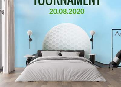 Golf tournament poster template flyer. Golf ball on green grass for competition. Sport club vector design Wall mural