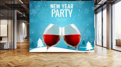 New year party celebration alcohol champagne wine background. Winter landscape with two glasses and confetti holiday decoration Wall mural