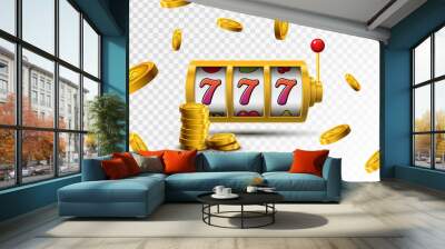 Slot machine lucky sevens jackpot concept 777. Vector casino game. Slot machine with money coins. Fortune chance jackpot Wall mural