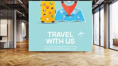 travel tourism banner background. luggage fun tour and bag, airplane travel design Wall mural