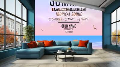 Tropic Summer Beach Party. Tropic Summer vacation and travel. Tropical poster colorful background island. Music summer party festival. DJ template. Wall mural