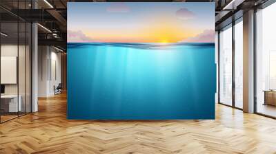 Underwater ocean surface. Blue water background and sunset. Clean nature sea underwater backdrop with sky Wall mural