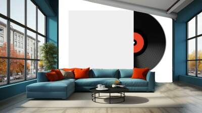 Vinyl record partially in sleeve. Classic black vinyl disk with red label partially inside a blank white cover. Wall mural