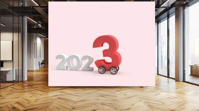 2023 new year car on wheel with red and white transport background. Wall mural