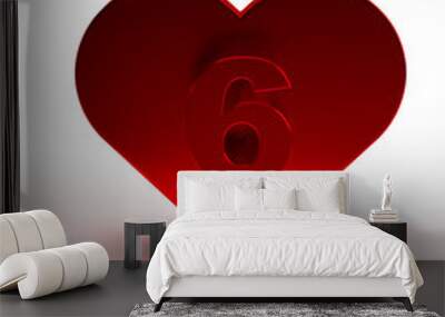 Number one 6 six red metal heart for valentines day or love engagement. Idea for a birthday card. 3d render
 Wall mural