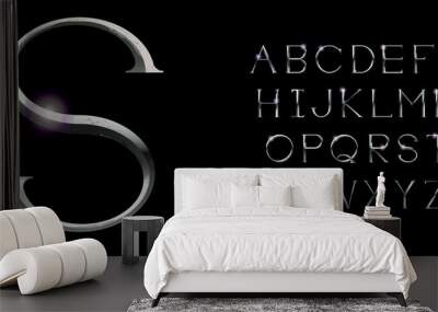 Realistic silver alphabet. Hand crafted serif font with rust effects. Silver classic textured uppercase. Wall mural