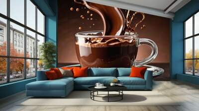 cup of chocolate drink with splash, splatter, on table, dark background. Wall mural