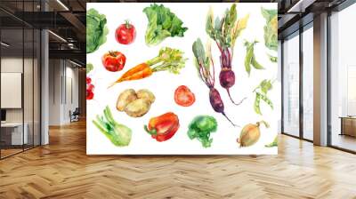 Watercolor painted collection of vegetables. Fresh colorful veggies background Wall mural