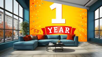 1 year anniversary logo celebration card. 1st year anniversary vector background with red ribbon and confetti on yellow flash radial lines Wall mural