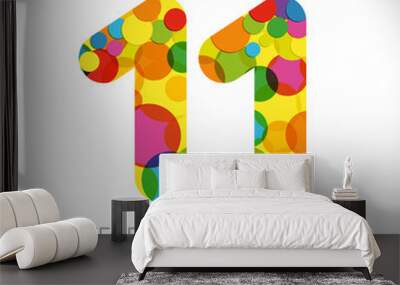 11 th anniversary numbers. 11 years old multicolored logotype. Age congrats, congratulation art idea. Isolated abstract graphic design template. Coloured digits up to -11% percent off discount. Wall mural