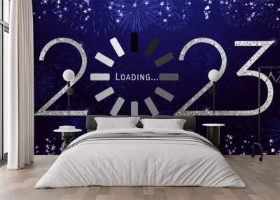 2023 A Happy New Year concept. Congrats sign. Decorative loading spinning icon. Digital clock. Shiny digits. Abstract isolated graphic design template. Creative Christmas decoration. Glittering frame. Wall mural