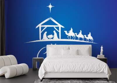 Birth of Christ, baby Jesus reaching the Magi, three wise kings bear gifts and star of Bethlehem, nativity Christmas graphics design. Vector illustration with Mary and Joseph in silhouette on blue Wall mural