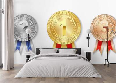 Champion gold, silver and bronze award medals with red ribbons isolated on white background. The first, second, third place on sport tournament, victory concept prizes Wall mural