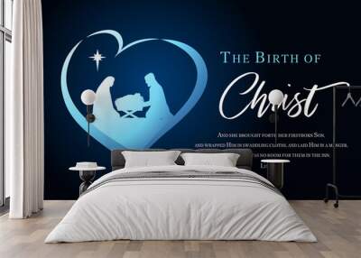 Christmas scene of baby Jesus in the manger with Mary and Joseph silhouette in heart. Christian Nativity with lettering The Birth of Christ and Bible text Luke 2, 7, vector banner Wall mural