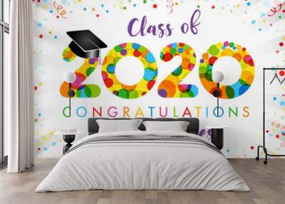 Class of 2020 year graduation banner, award concept. Bubble sign, happy holiday invitation card. Isolated abstract graphic design template. Calligraphic text, brush style letters. Confetti background. Wall mural